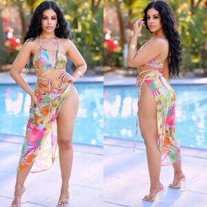 Brooke Tropical Print Bikini And Cover Up Skirt Set - Pink
